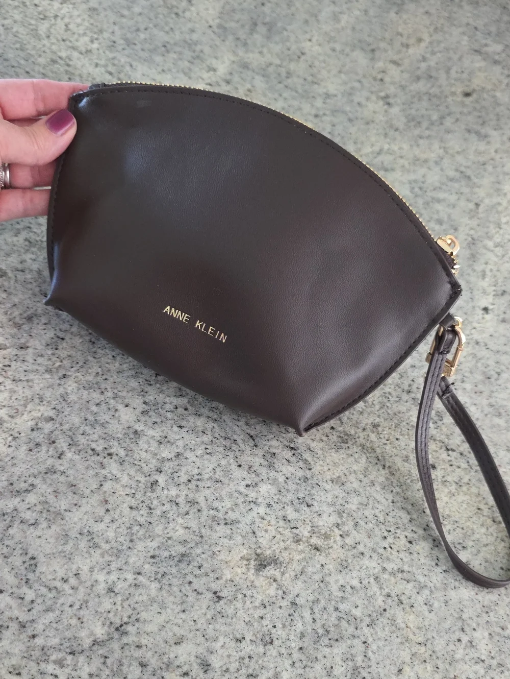 Anne Klein Chocolate Brown Faux Leather Wristlet Clutch with Gold Logo